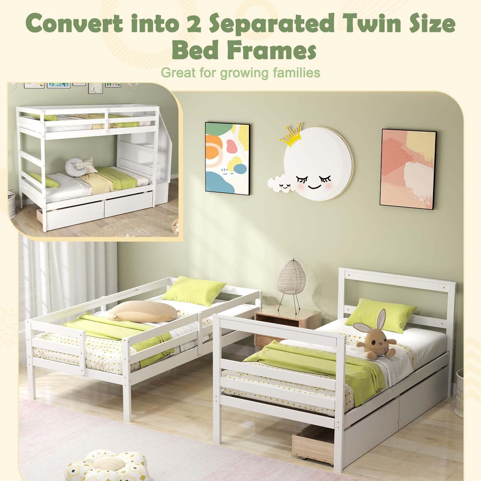 Wood Twin Over Twin Bunk Bed with 2 Storage Drawers & Stairs