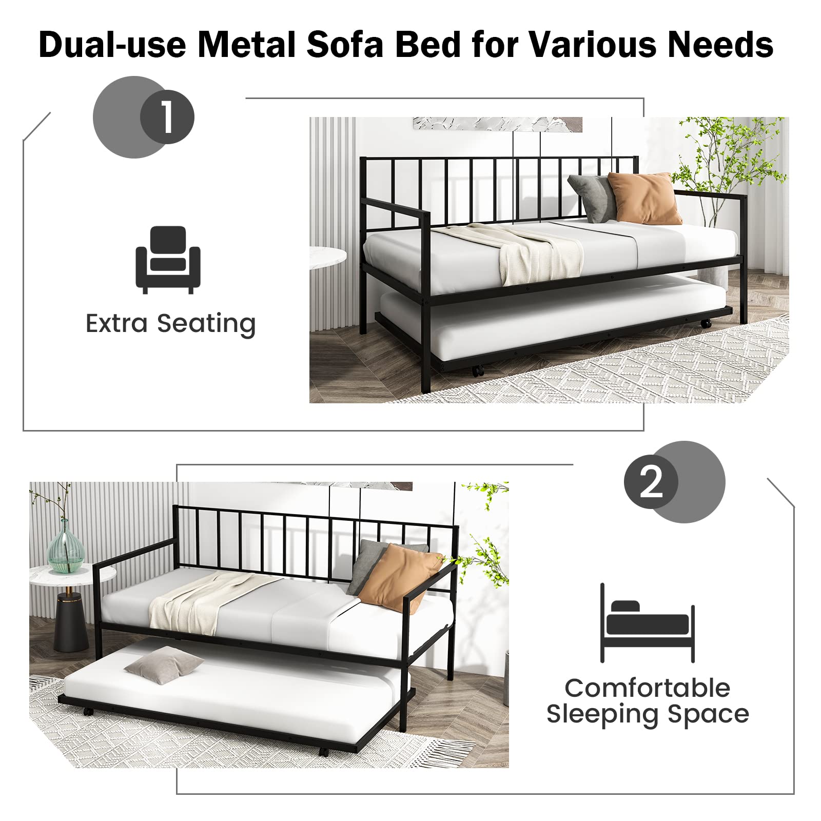 Twin Metal Daybed with Trundle, Metal Sofa Bed & Pull-Out Trundle Set with Lockable Casters