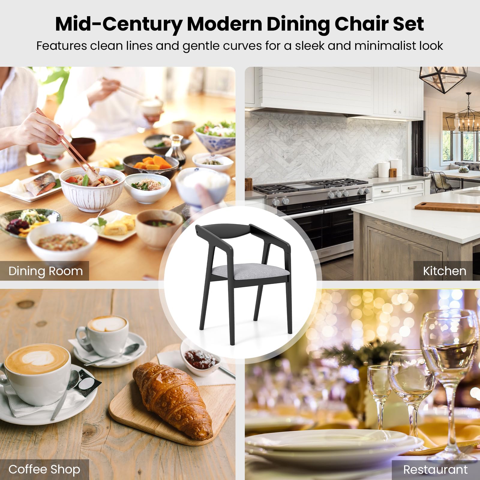 Wooden Dining Chairs Set of 2/4, Linen Fabric Upholstered Kitchen Chairs w/Armrests & Padded Cushion, Rubber Wood Frame