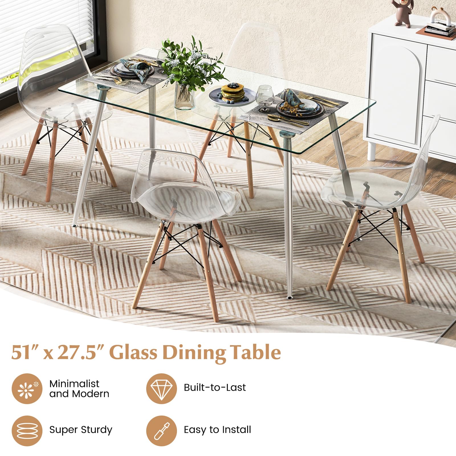 Glass Dining Table, Modern Rectangular Table with Spacious Tempered Glass Tabletop
