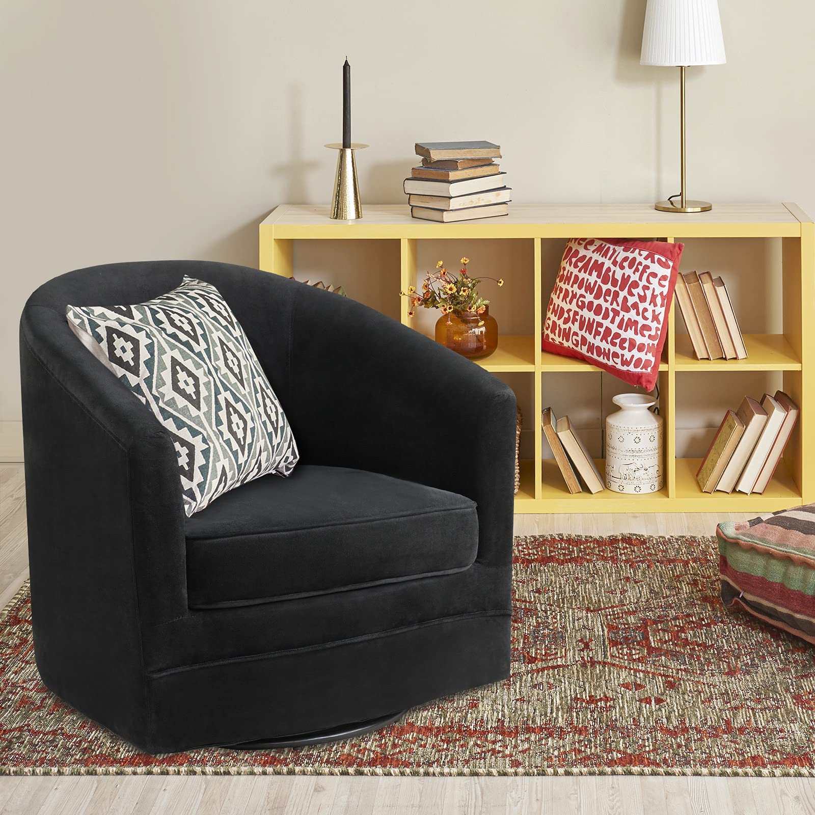 Velvet Round Barrel Chair with 360-Degree Swivel Metal Base, Black