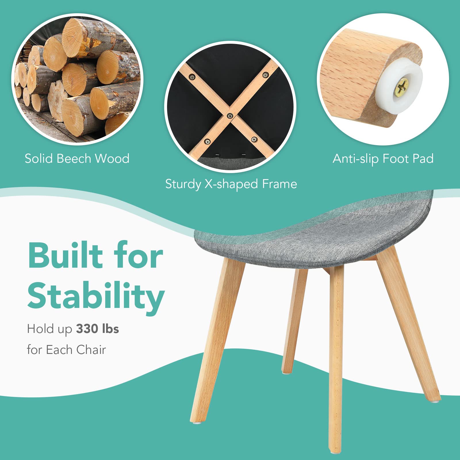 Set of 4 Modern Fabric Dining Chairs with Solid Wood Legs High Backrest Soft Padded Seat