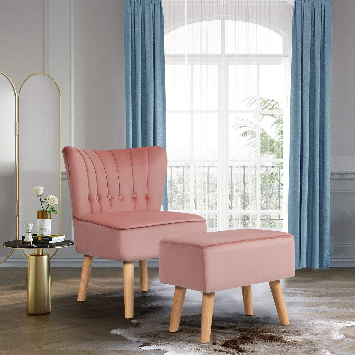 Modern Accent Chair Ottoman Set, Armless Slipper Sofa Chair with Footstool
