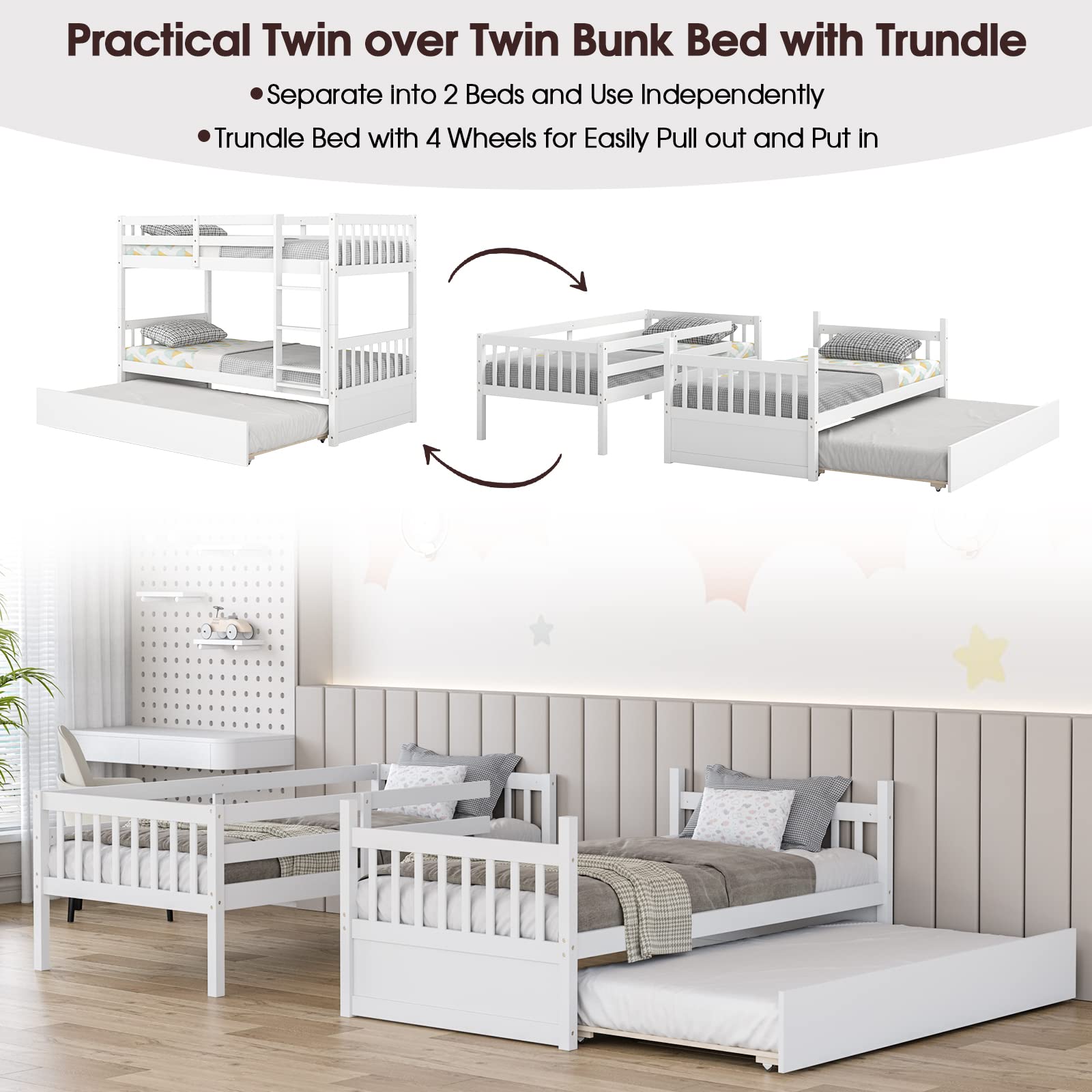 Twin Over Twin Wood Bunk Bed with Trundle, 2-in-1 Convertible Bunk Bed with Ladder & Solid Wood Frame