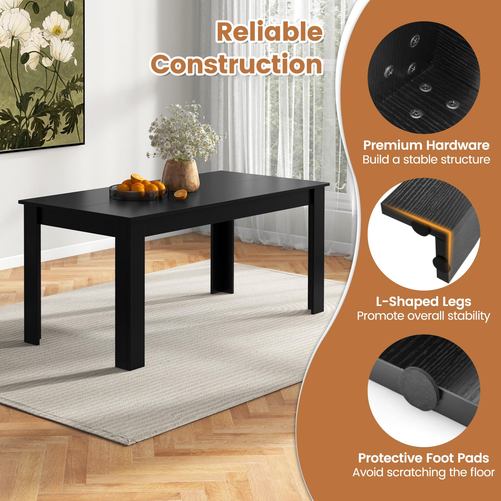 Black Dining Table for 6, Wood Rectangular Table, 63" L x 31.5" W x 30" H Large Farmhouse Center Table