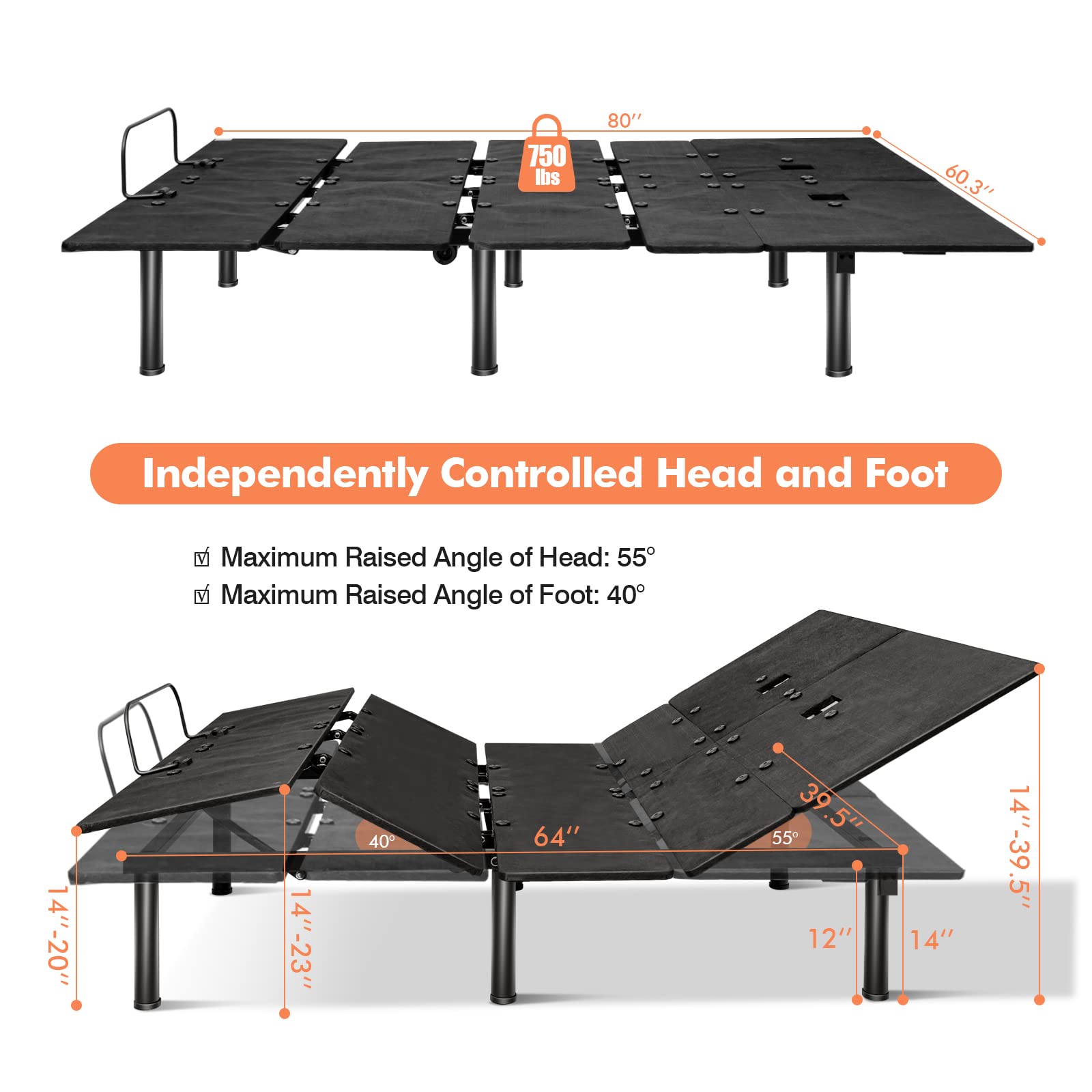 Adjustable Bed Base with Remote, Electric Reclining Bed with Head & Foot Incline, LED Under-Bed Lighting and Dual USB Port