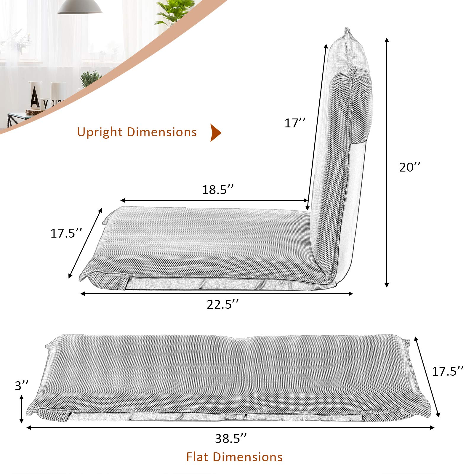Adjustable Mesh Floor Sofa Chair, 6-Position Multi-Angle Padded Floor Chair for Gaming Reading Meditation