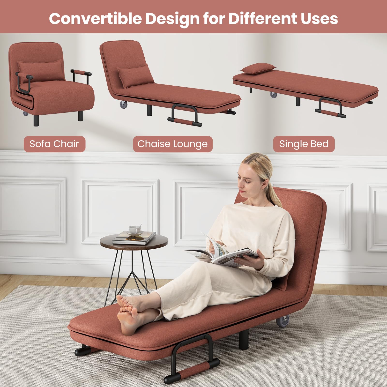 Convertible Chair Bed with 5-Position Adjustable Backrest & Lumbar Pillow, 2 Hidden Metal Legs & 2 Lockable Casters