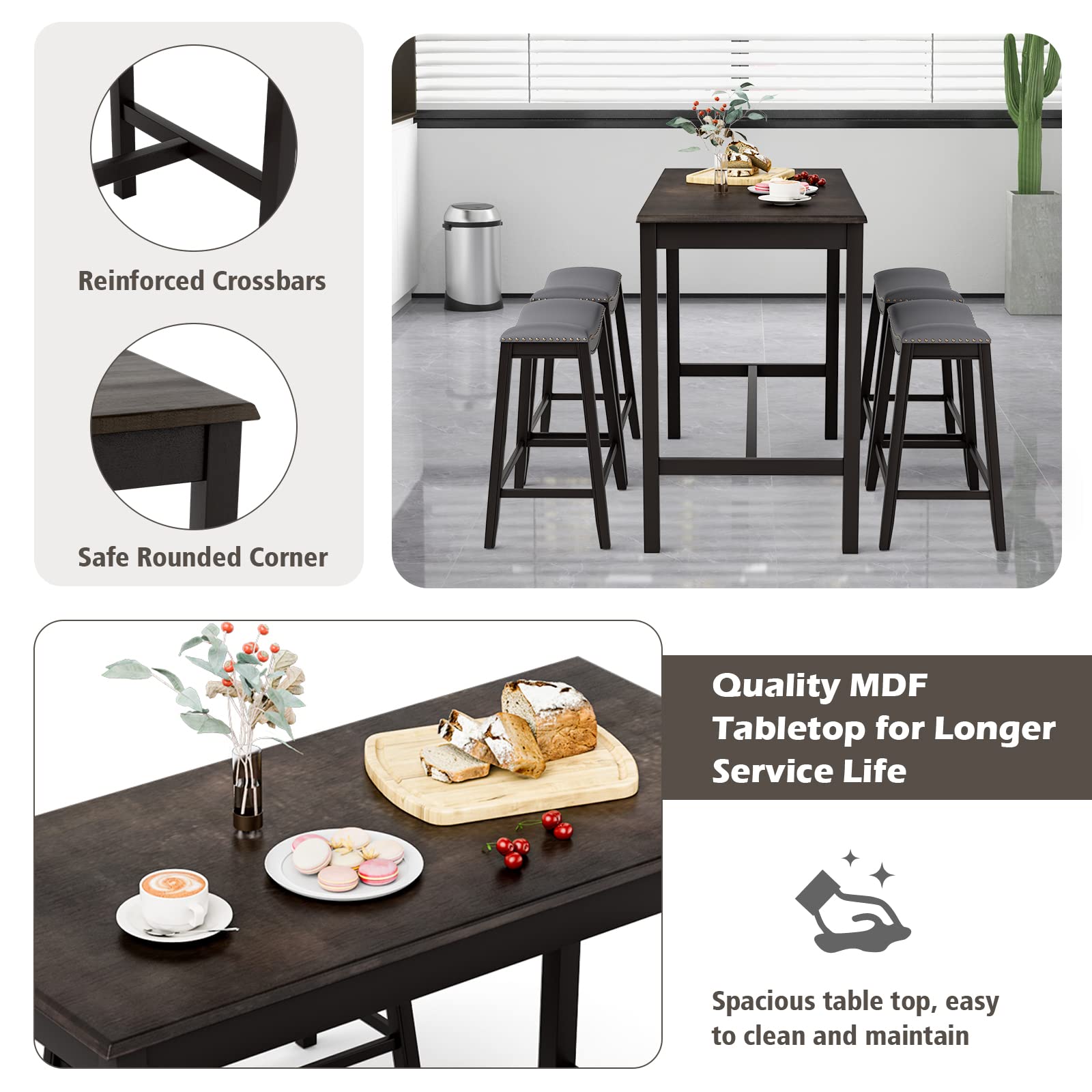 Dining Table Set for 4, Kitchen Counter Height Table w/ 4 Stools, 5 Piece Bistro Table Set