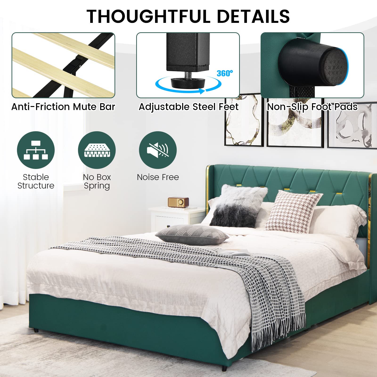 Full/Queen Upholstered Bed Frame with 4 Rolling Storage Drawers, Space Saving PU Leather Bed Frame