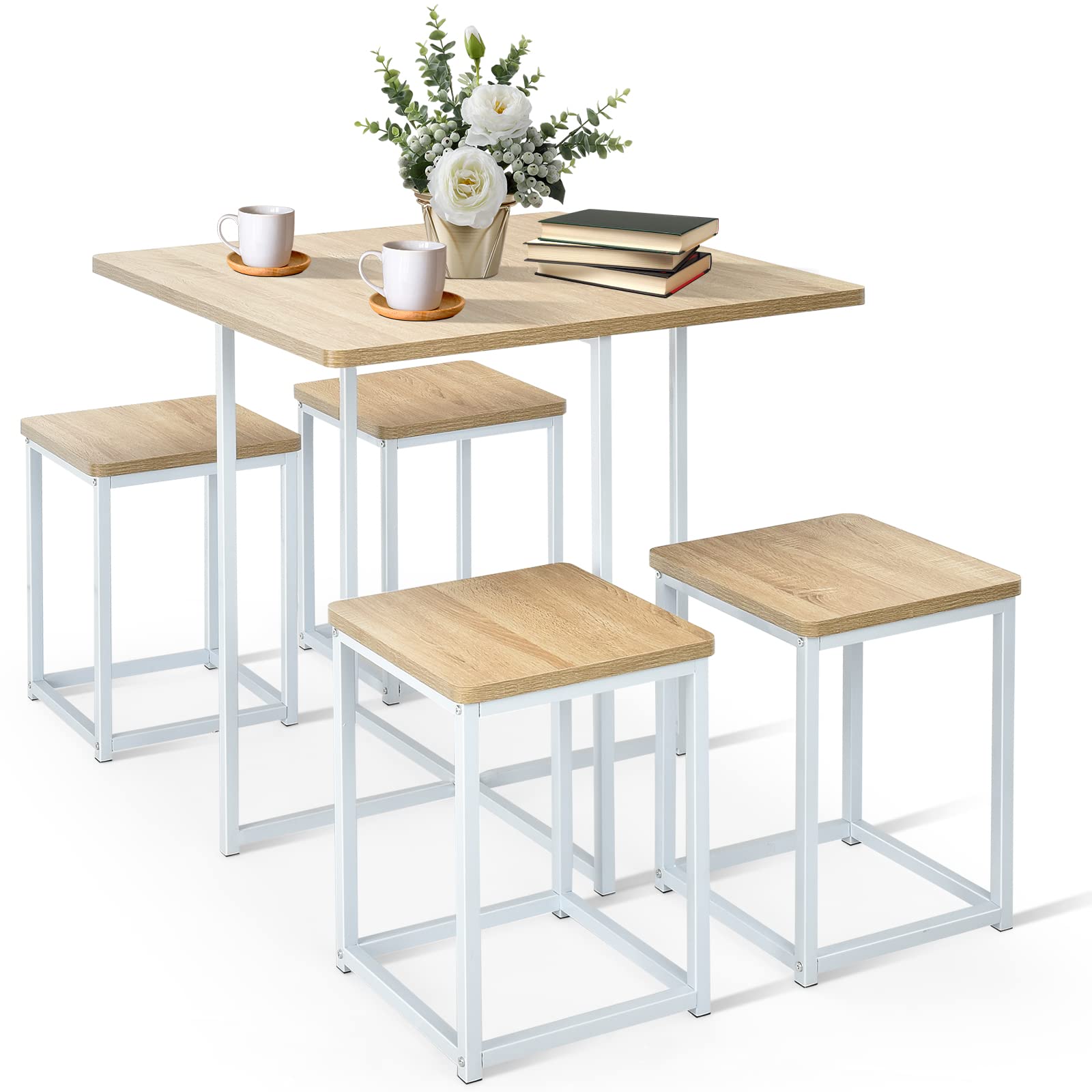 5 Piece Dining Table Set, Counter Kitchen Table and Chair Set for 4 Includes 1 Square Table and 4 Stools