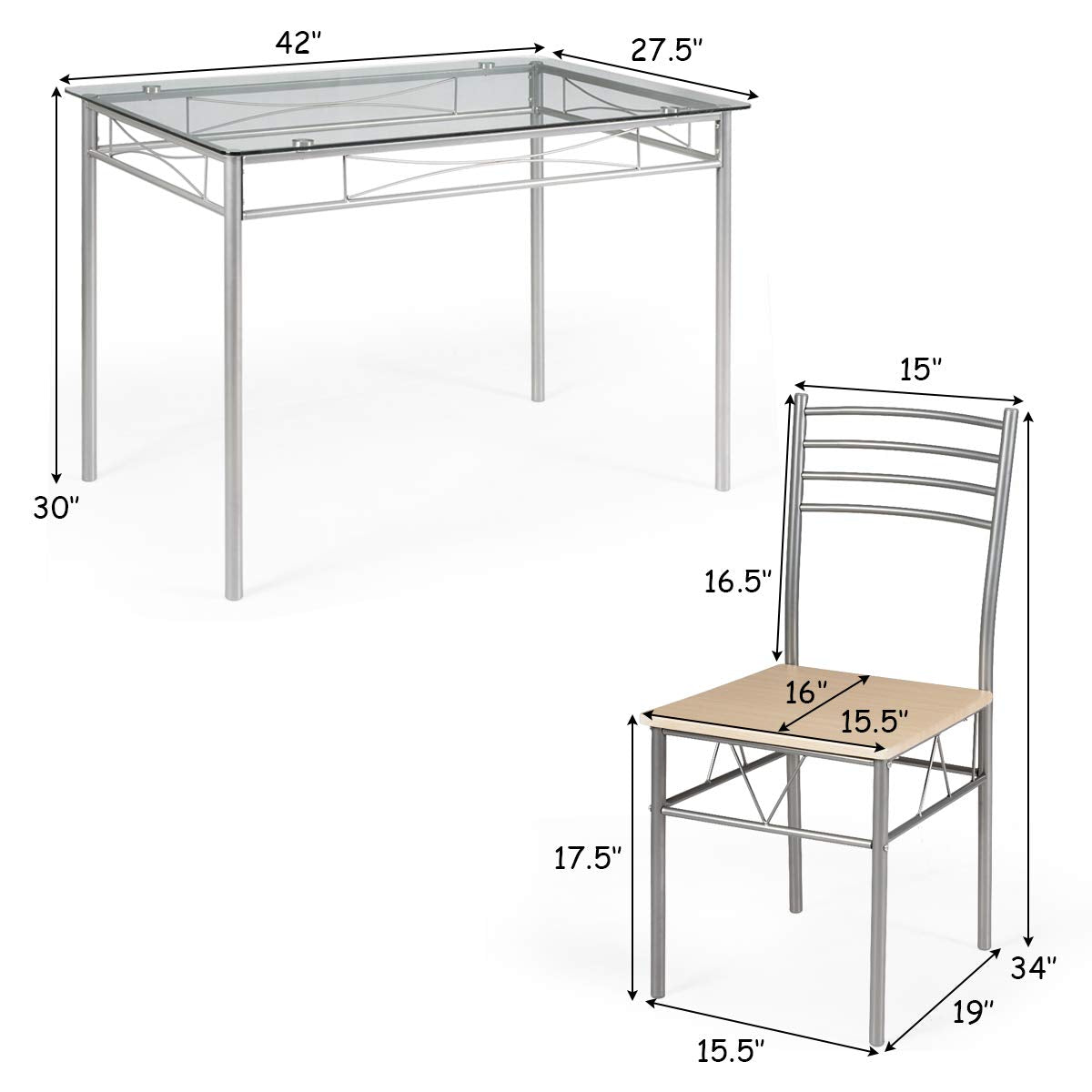 5 Piece Dining Table Set, Kitchen Dining Set with Tempered Glass Table Top and 4 Chairs