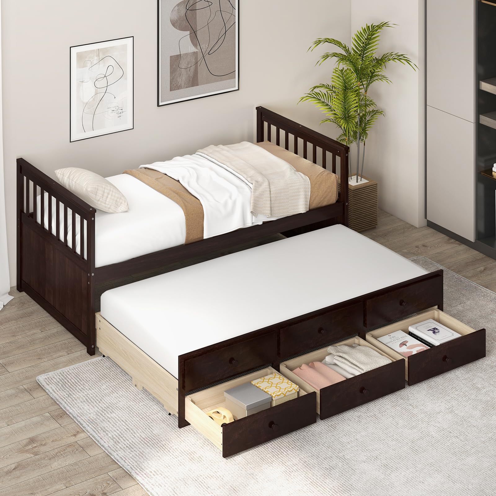 Twin Size Wooden Captain Daybed with Trundle and 3 Storage Drawers