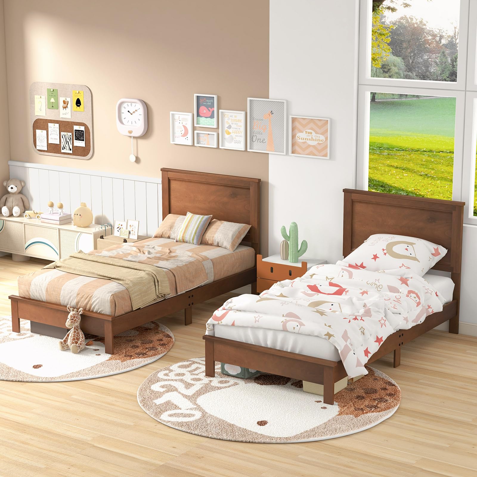 Wood Platform Bed Frame with Headboard, Mid Century Platform Bed Frame with Solid Wood Legs & Wooden Slat Support