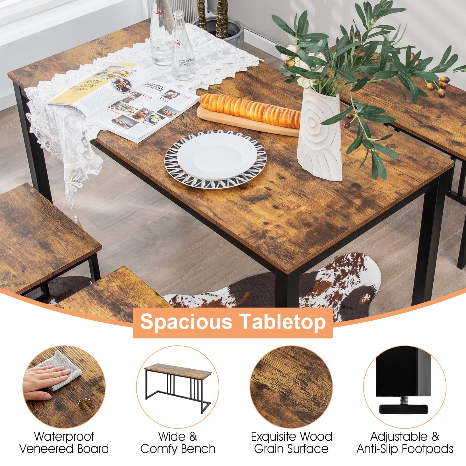 4 Piece Dining Table Set for 4 with Bench & 2 Stools, Space-Saving Desk Set