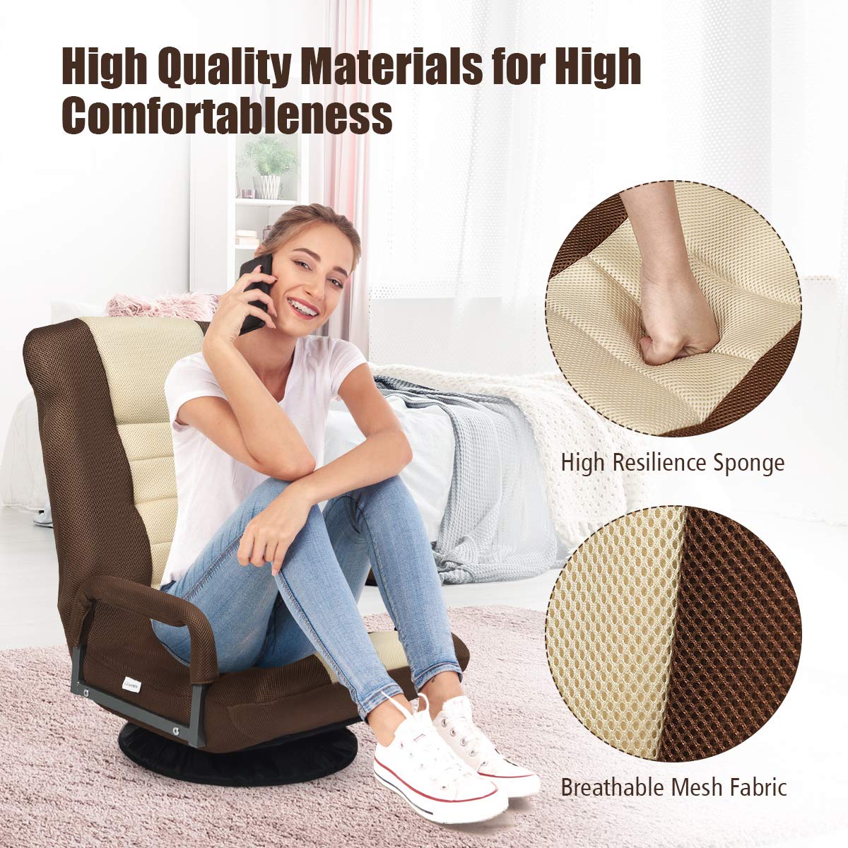 360-Degree Foldable Swivel Gaming Floor Chair With 6 Adjustable Position, Armrests, Padded Backrest