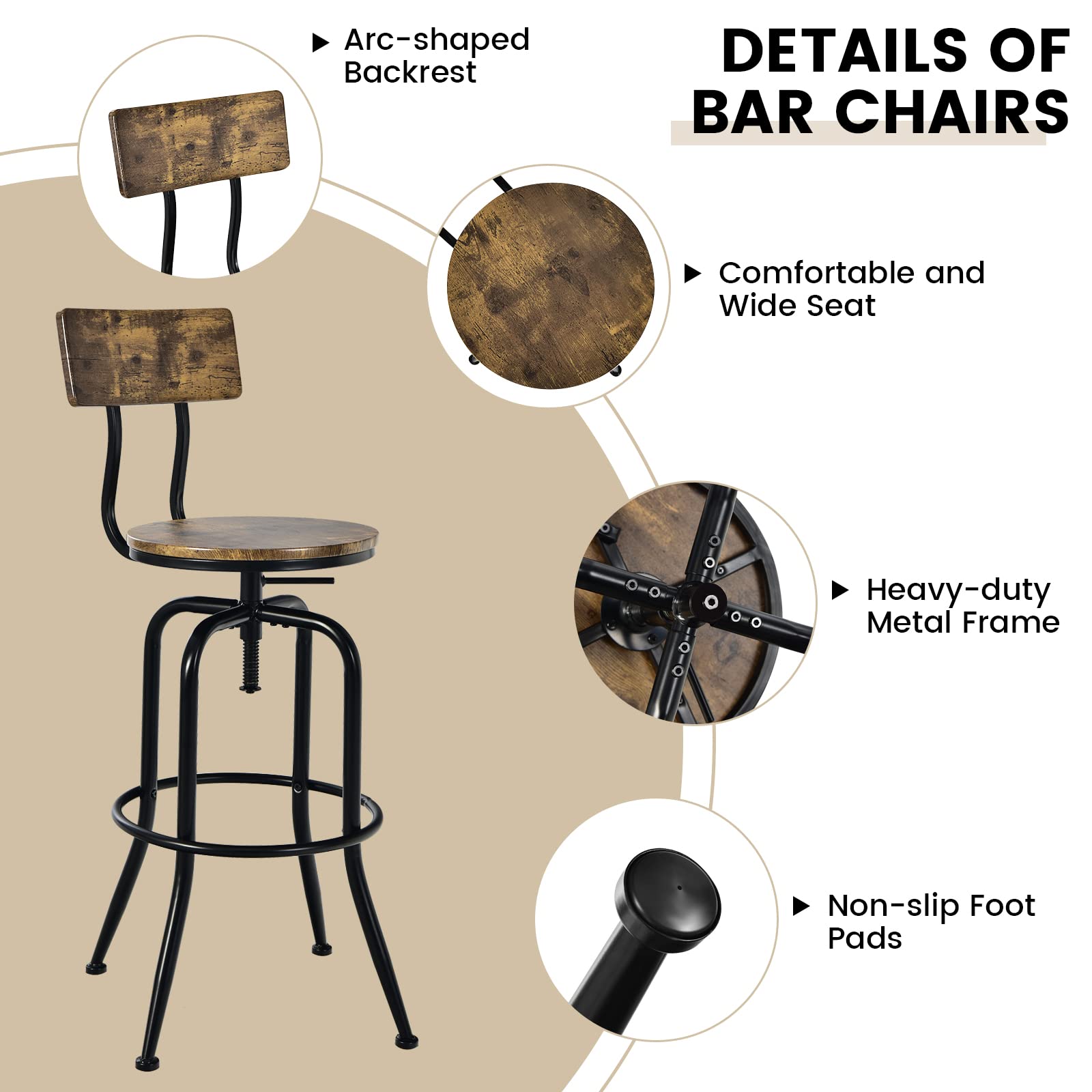 Bar Stools Set of 2/4, Industrial Counter Height Bar Chairs with Height Adjustable Seat, Arc-shaped Backrest & Footrest