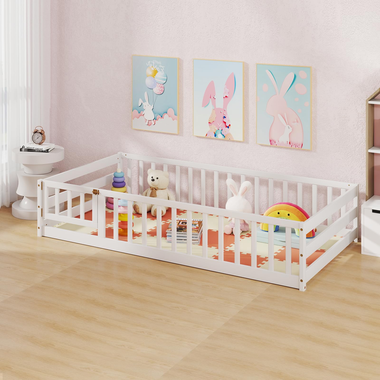 Twin Floor Bed with Door & Fence, Kids Wood Montessori Bed with Safety Guardrails
