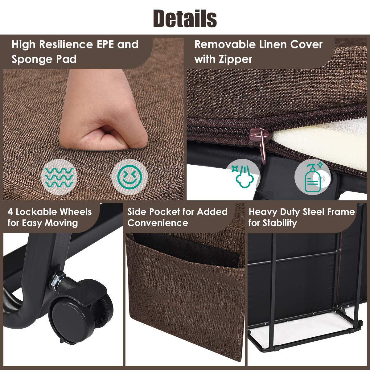 Folding Bed, 3 in 1 Convertible Sleeper Bed with Mattress, Adjustable with 6 Positions
