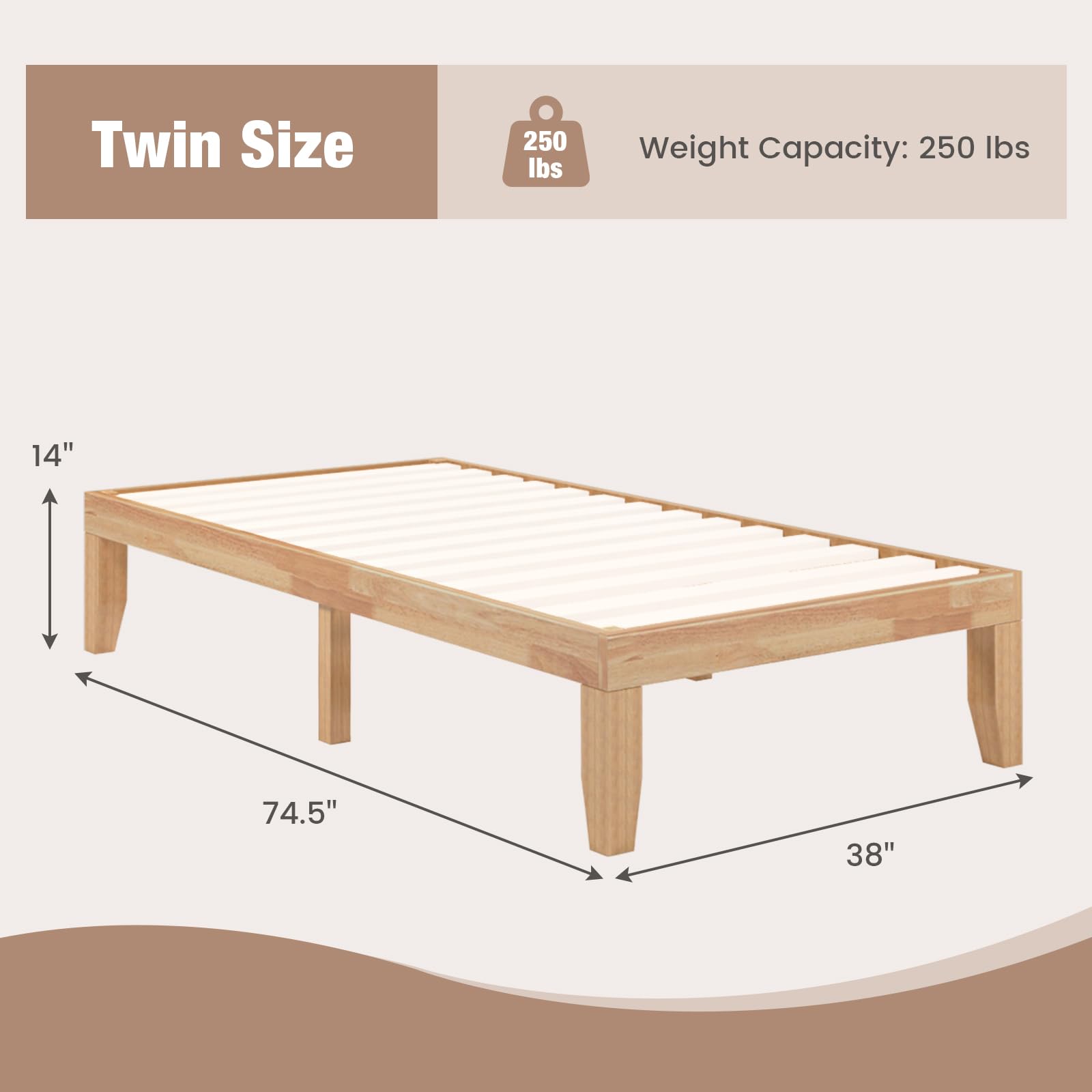 14 Inches Wood Platform Bed Frame, Solid Wood Mattress Foundation with Rubber Wood Frame