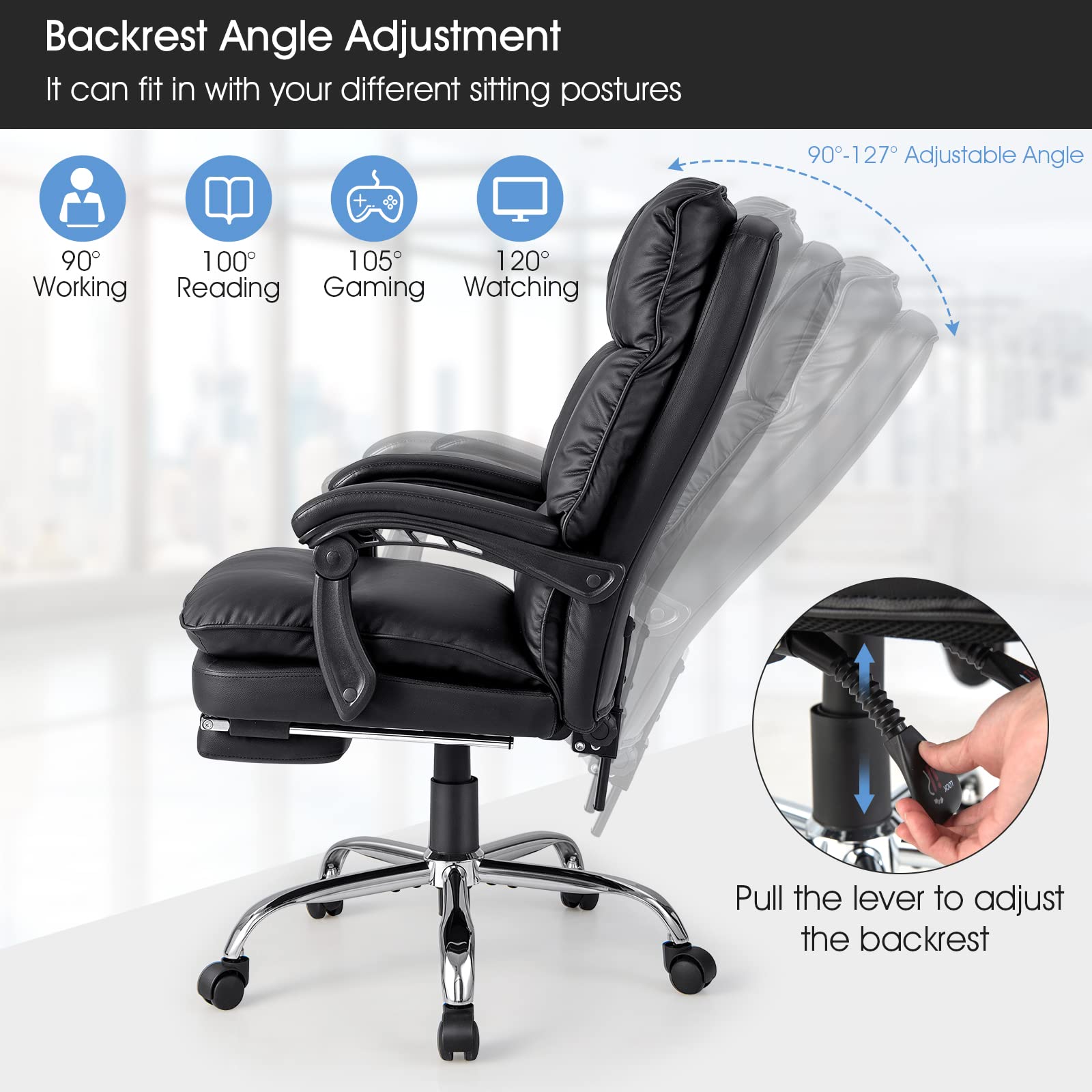 Ergonomic Office Chair with Footrest, PU Leather Reclining Chair with Padded Armrests & Soft Cushioned