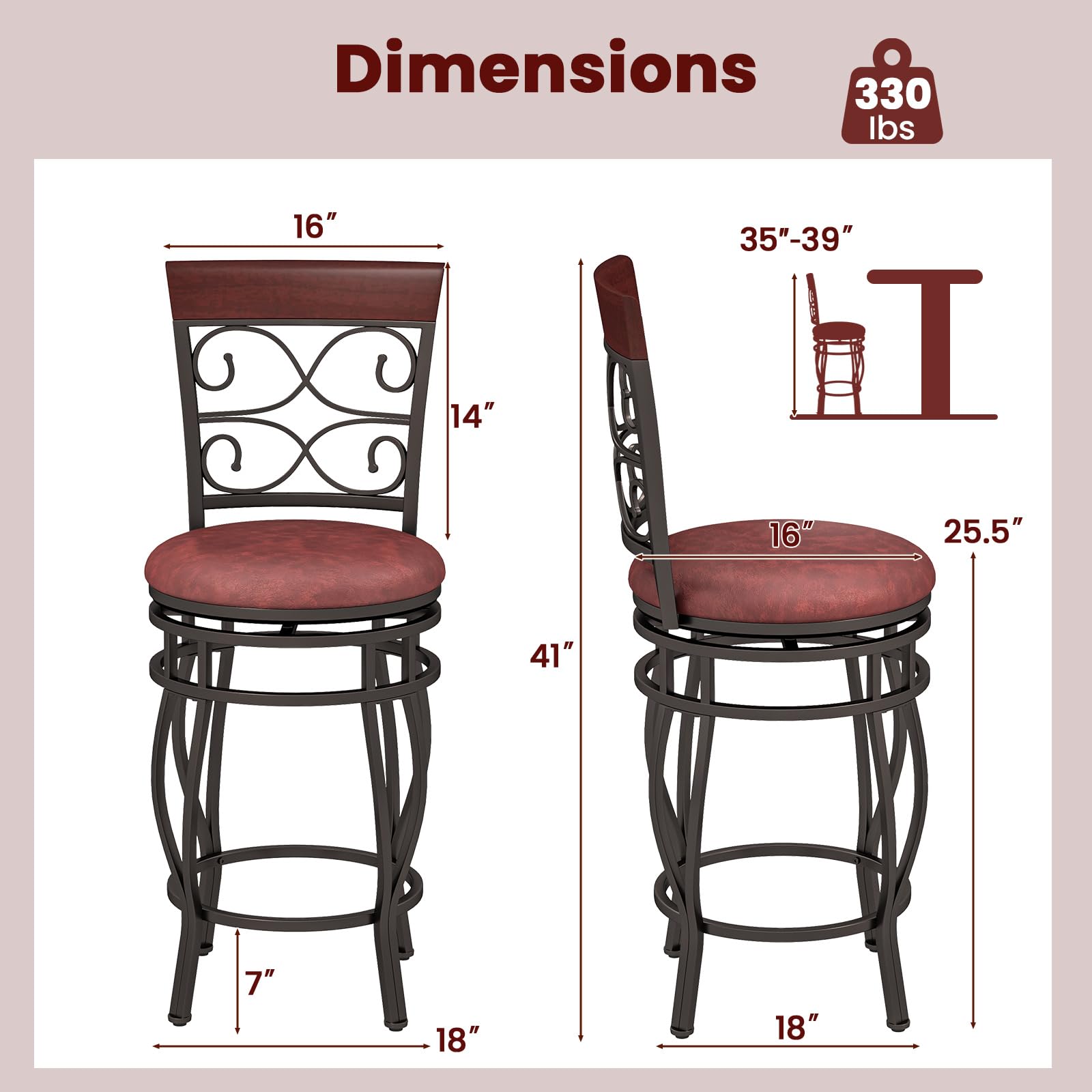 Swivel Bar Stools Set of 2/4, Counter Height Bar Stools with Back, Upholstered PU Leather Seat, Footrest