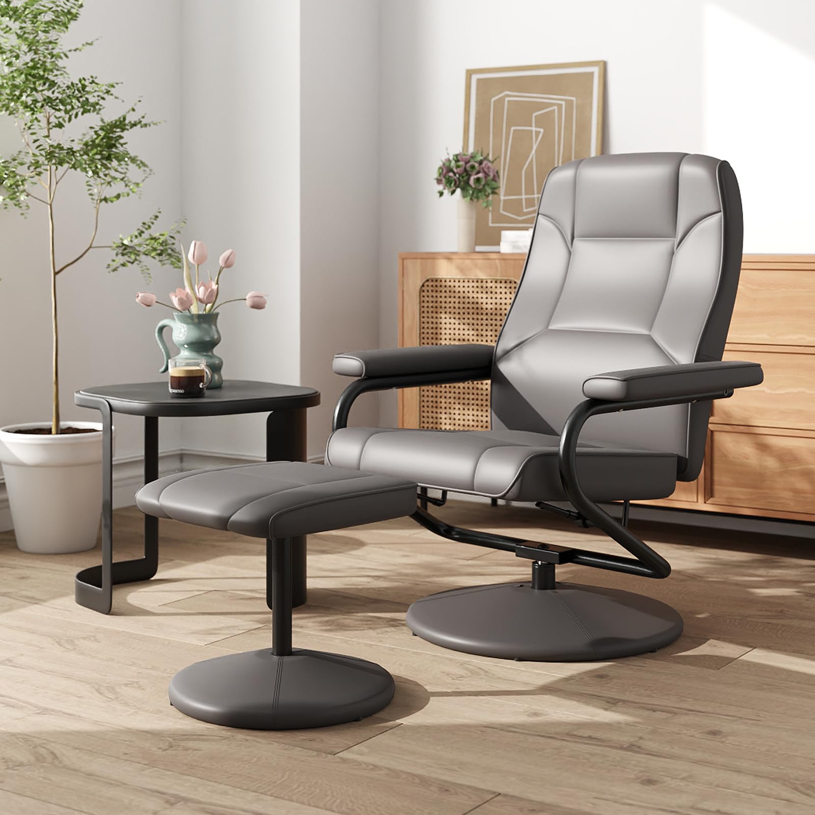 Recliner Chair with Ottoman, 360&deg; Swivel Faux Leather Reclining Chair w/Adjustable Backrest, Footrest