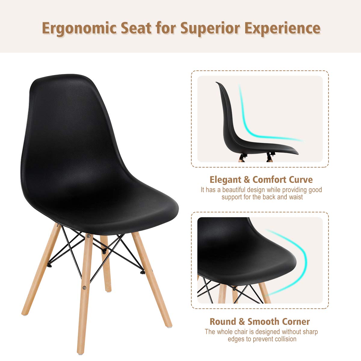 Pre Assembled Mid Century Modern Dining Chairs Set of 4 with Wood Legs, Shell Lounge Plastic Chairs