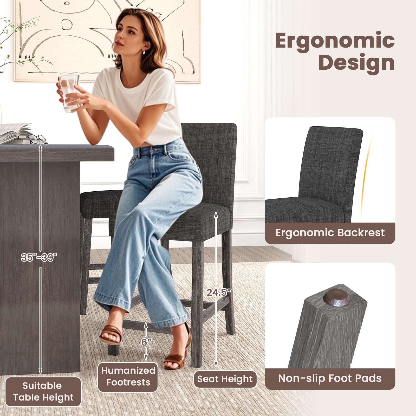 Upholstered Counter Height Bar Stools Set of 2/4 with Ergonomic Backrest, Solid Wood Frame