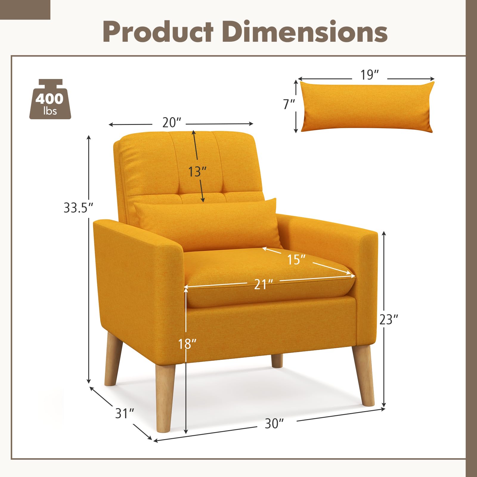Modern Linen Accent Chair, Upholstered Tufted Armchair with Lumbar Pillow, Rubber Wood Legs, Padded Cushion