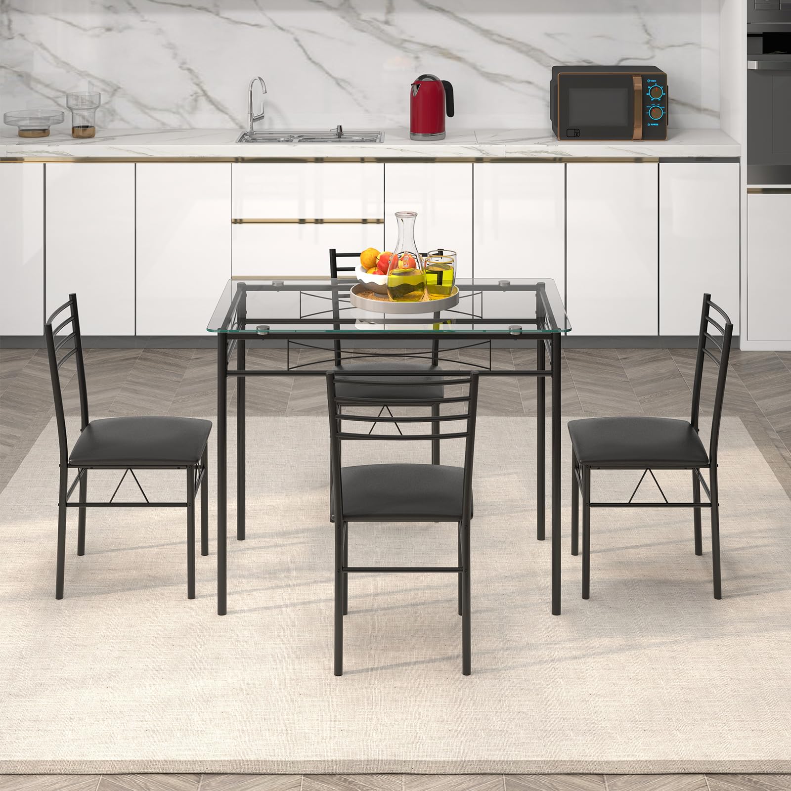 5 Piece Dining Table Set with Tempered Glass Table Top and 4 Upholstered Chairs