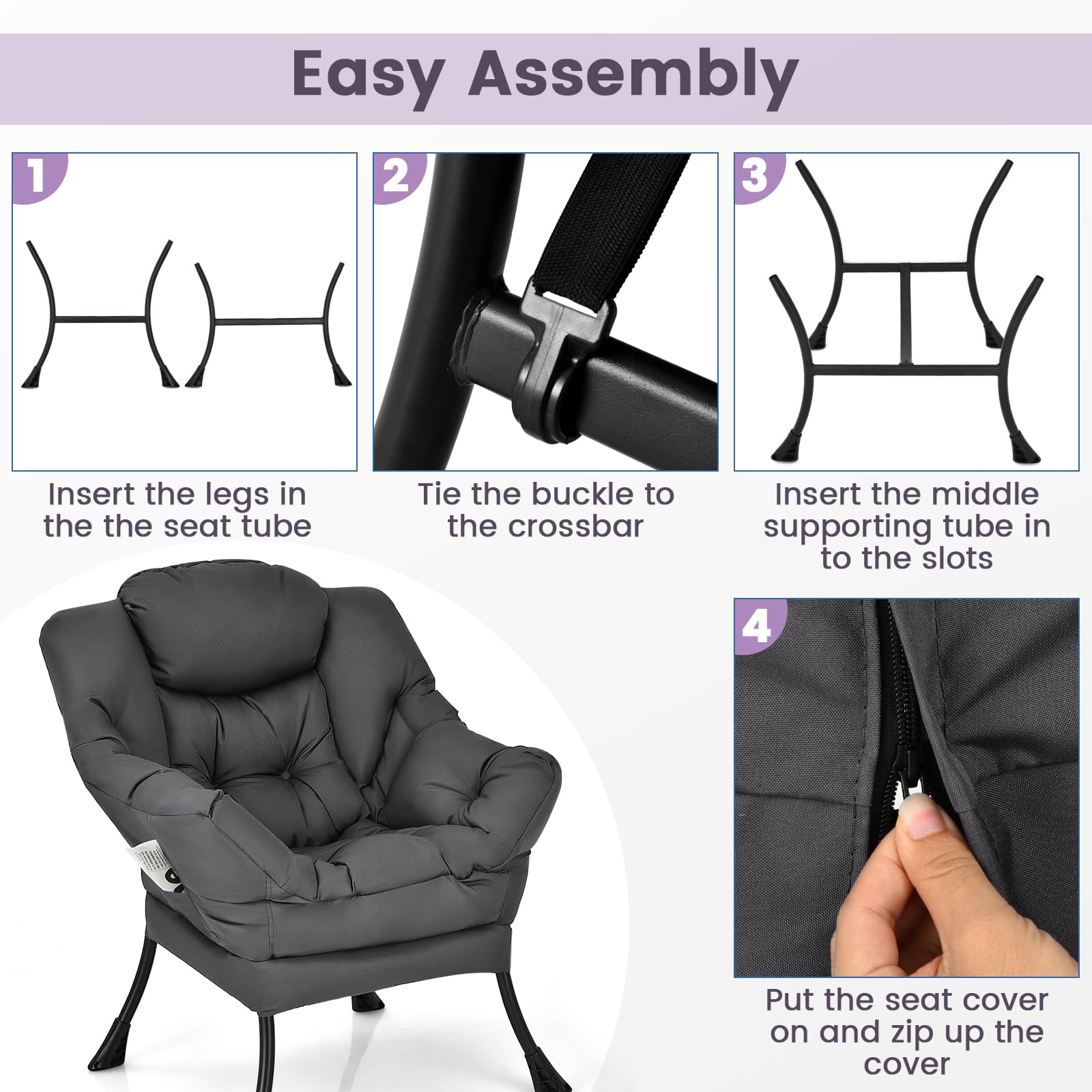 Modern Lazy Chair, Upholstered Single Sofa Chair w/Armrests & Side Pocket