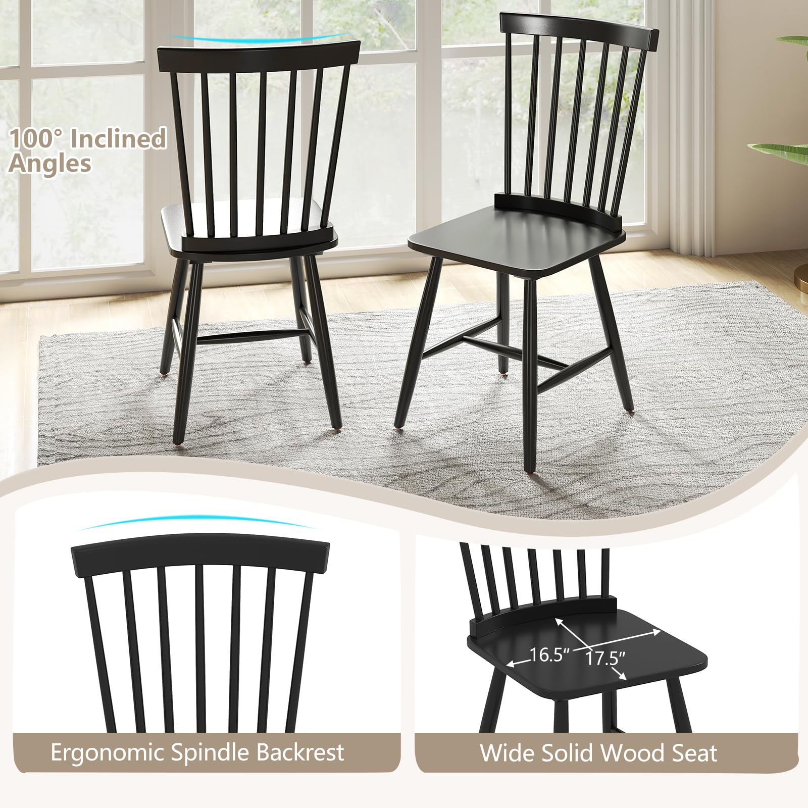 Windsor Dining Chairs Set of 2/4 with Wide Seat & Spindle Back