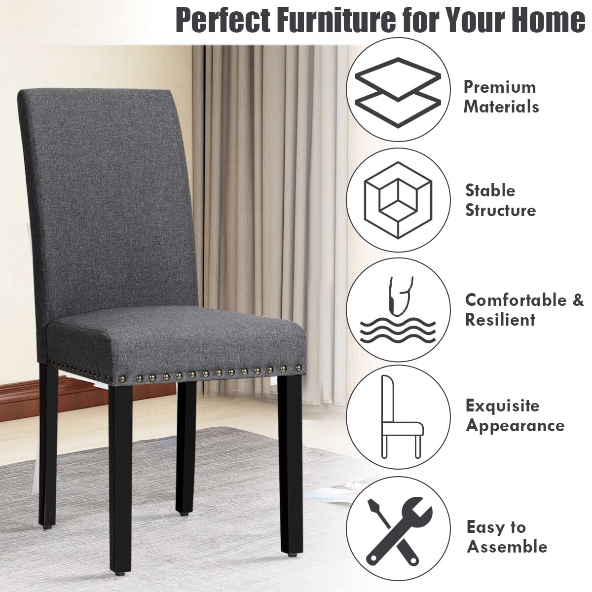 Upholstered Dining Chairs Set of 2, Fabric Side Chairs with Wood Legs, Soft Padded Seat