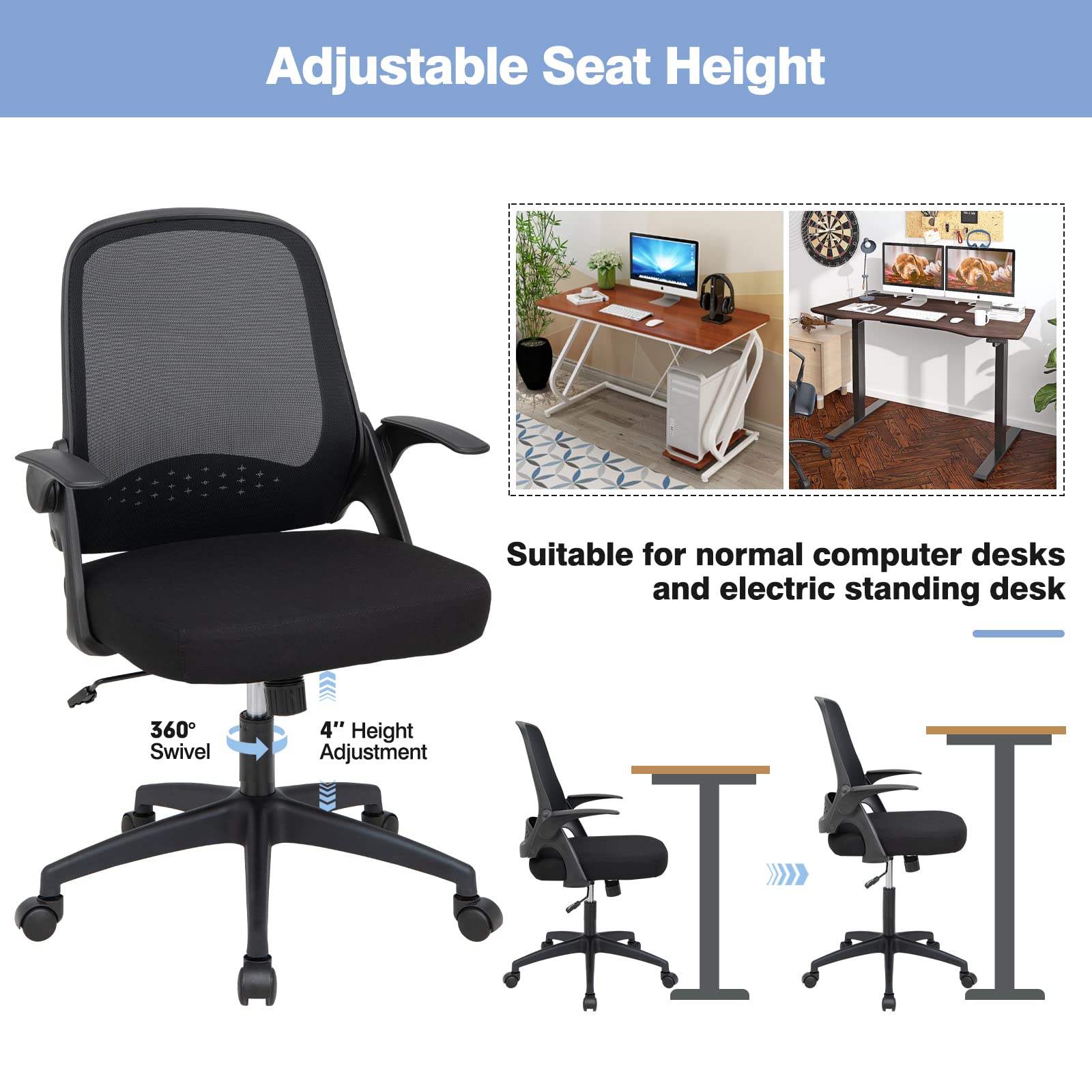 Mid-Back Height Adjustable Swivel Mesh Office Chair with Flip-up Armrests, Lumbar Support