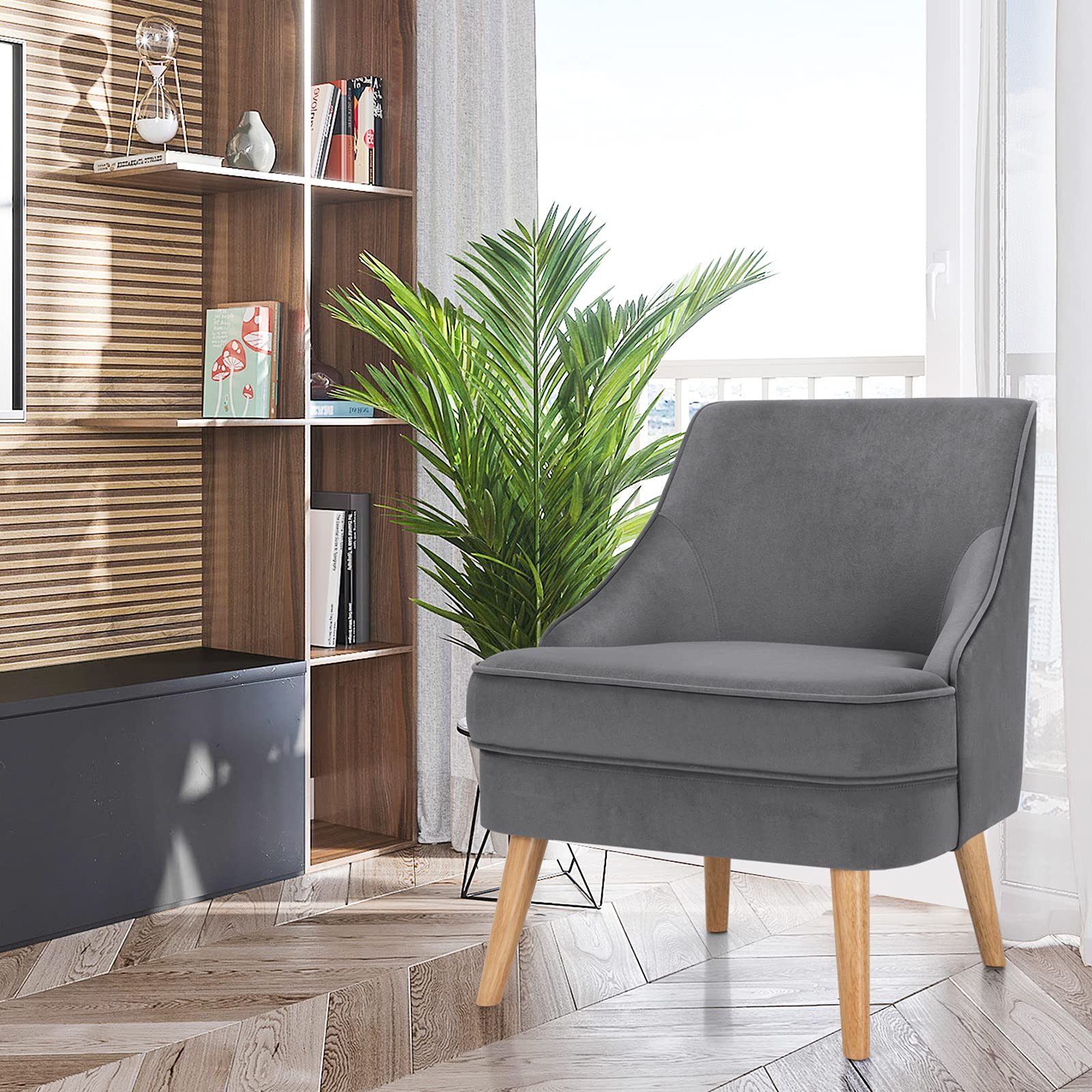 Velvet Accent Chair, Mid Century Single Sofa Chair w/Rubber Wood Legs, Comfy Slipper Chair