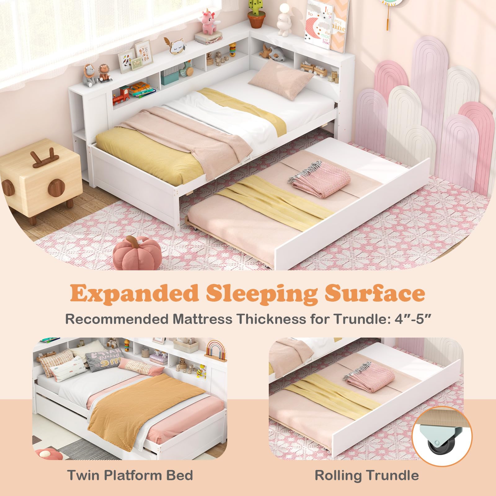 Twin Wood Daybed with Trundle, Storage Headboard, Reversible Bookcase, Bedside Shelves & Wooden Slats