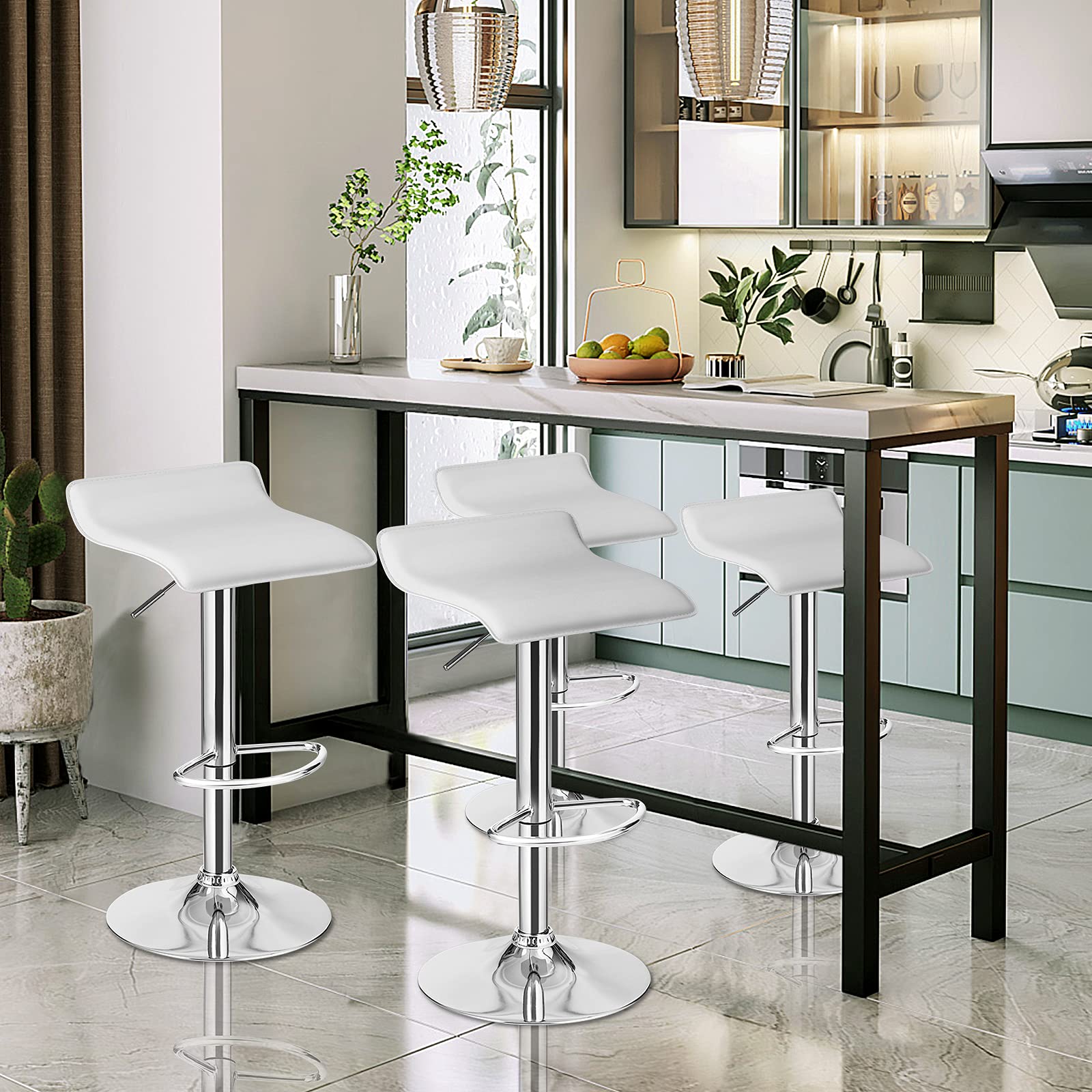 Bar Stools Set of 2/4, Adjustable Swivel PU Leather Barstools w/Footrest, Chrome Base