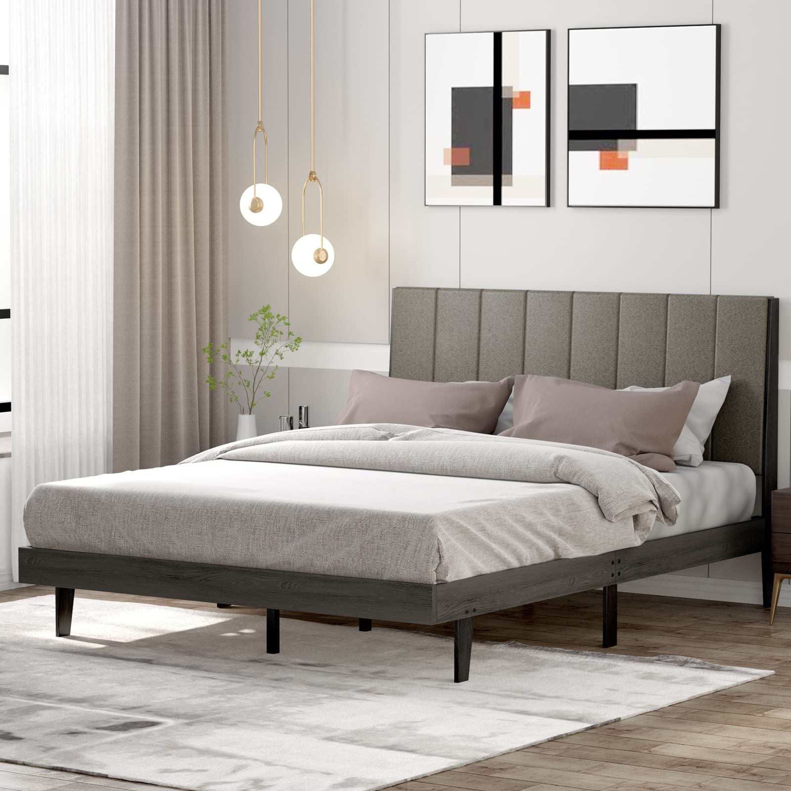 Upholstered Bed Frame, Wooden Slats Support, Queen Mattress Foundation with Tufted Headboard
