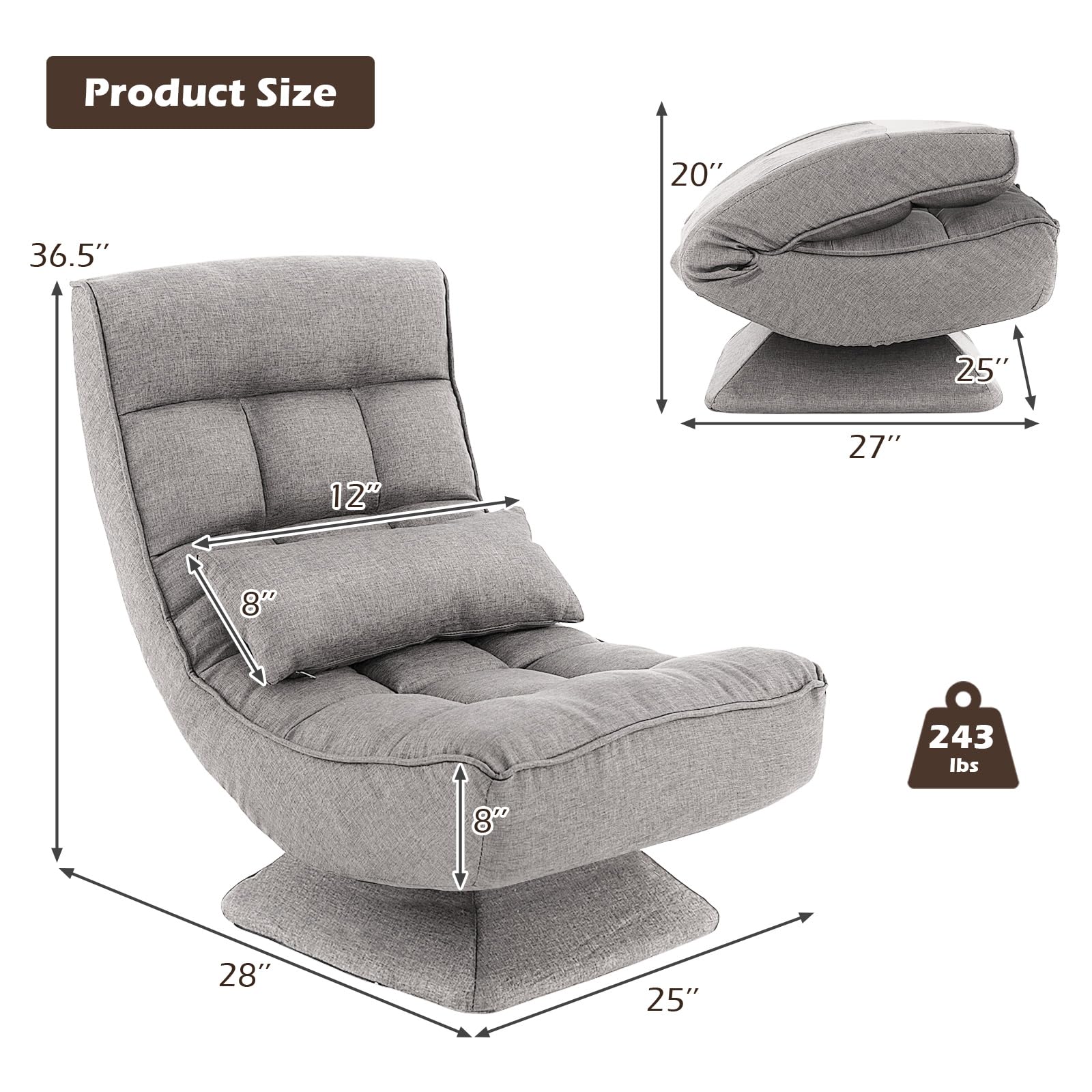 Adjustable Swivel Floor Chair, 5 Position Video Game Chair with Massage Lumbar Pillow, Swivel Base, Steel Frame