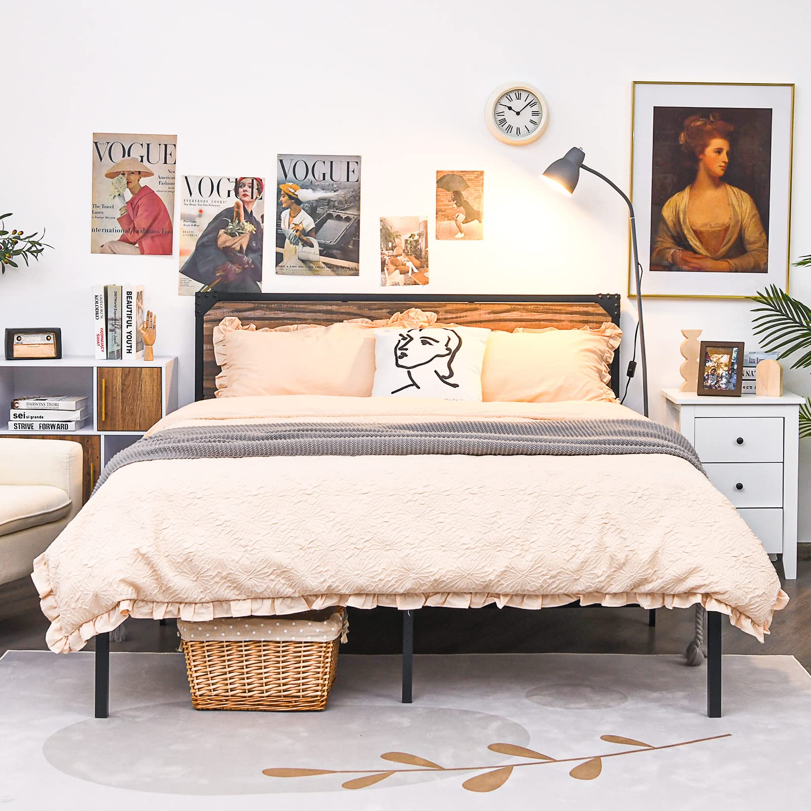 Full/ Queen Size Metal Bed Frame with Wood Headboard