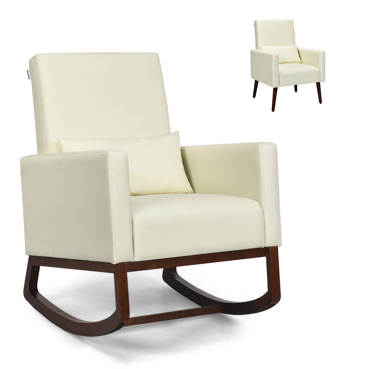 Upholstered Rocking Chair, Modern High Back Armchair, Comfortable Rocker with Fabric Padded Seat, Waist Pillow