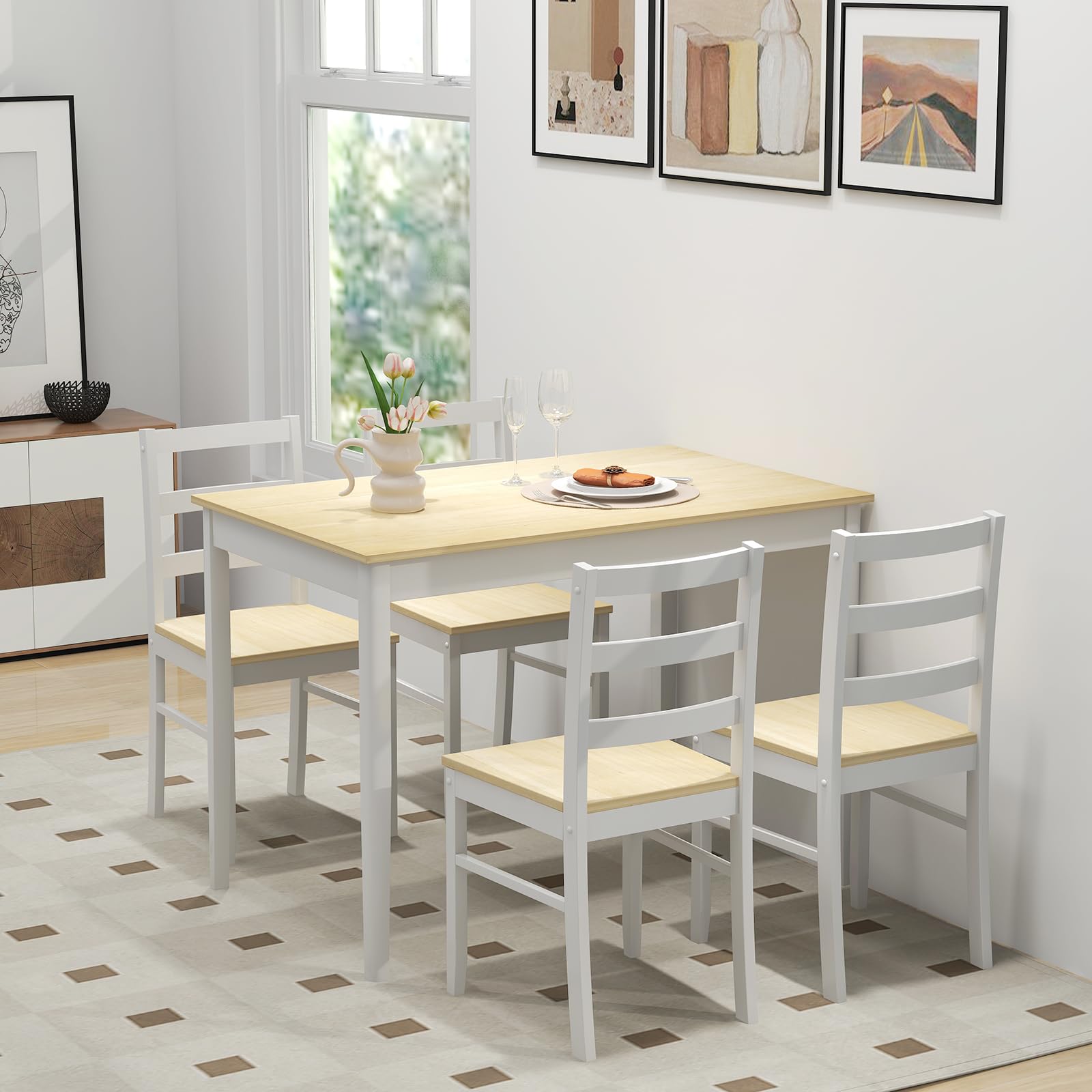 Dining Table Set for 4, Farmhouse Solid Wood Dining Set w/Rubber Wood Legs