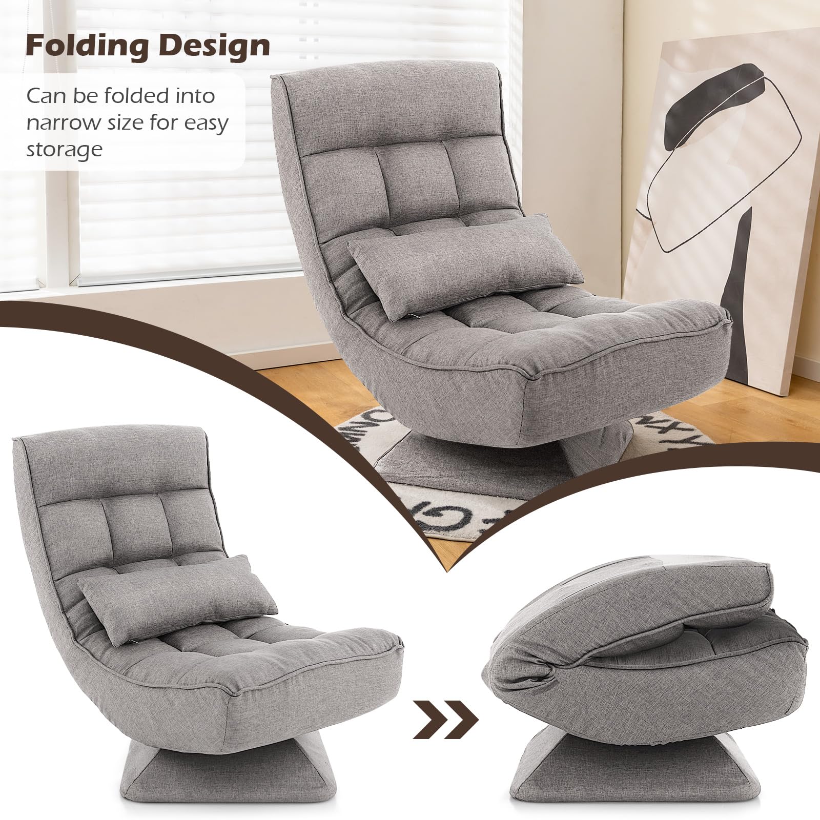 Adjustable Swivel Floor Chair, 5 Position Video Game Chair with Massage Lumbar Pillow, Swivel Base, Steel Frame
