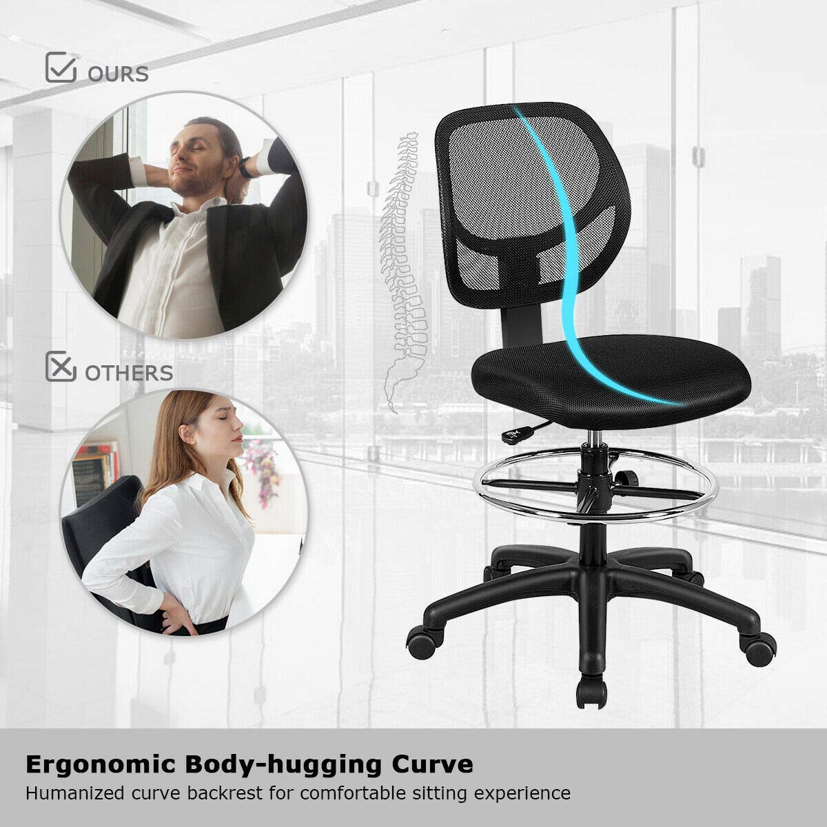 Mesh Drafting Chair, Standing Desk Chair w/Footrest Ring