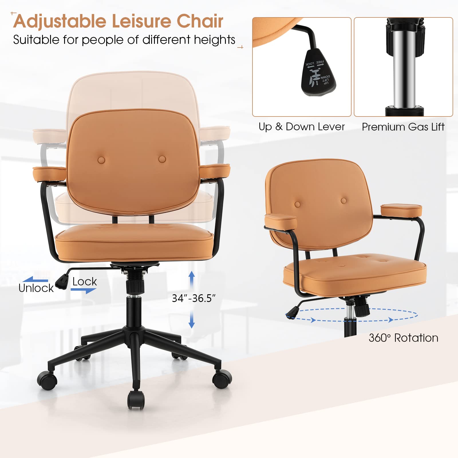 Mid Century Leather Height Adjustable Office Chair with Rocking Backrest & Padded Armrest