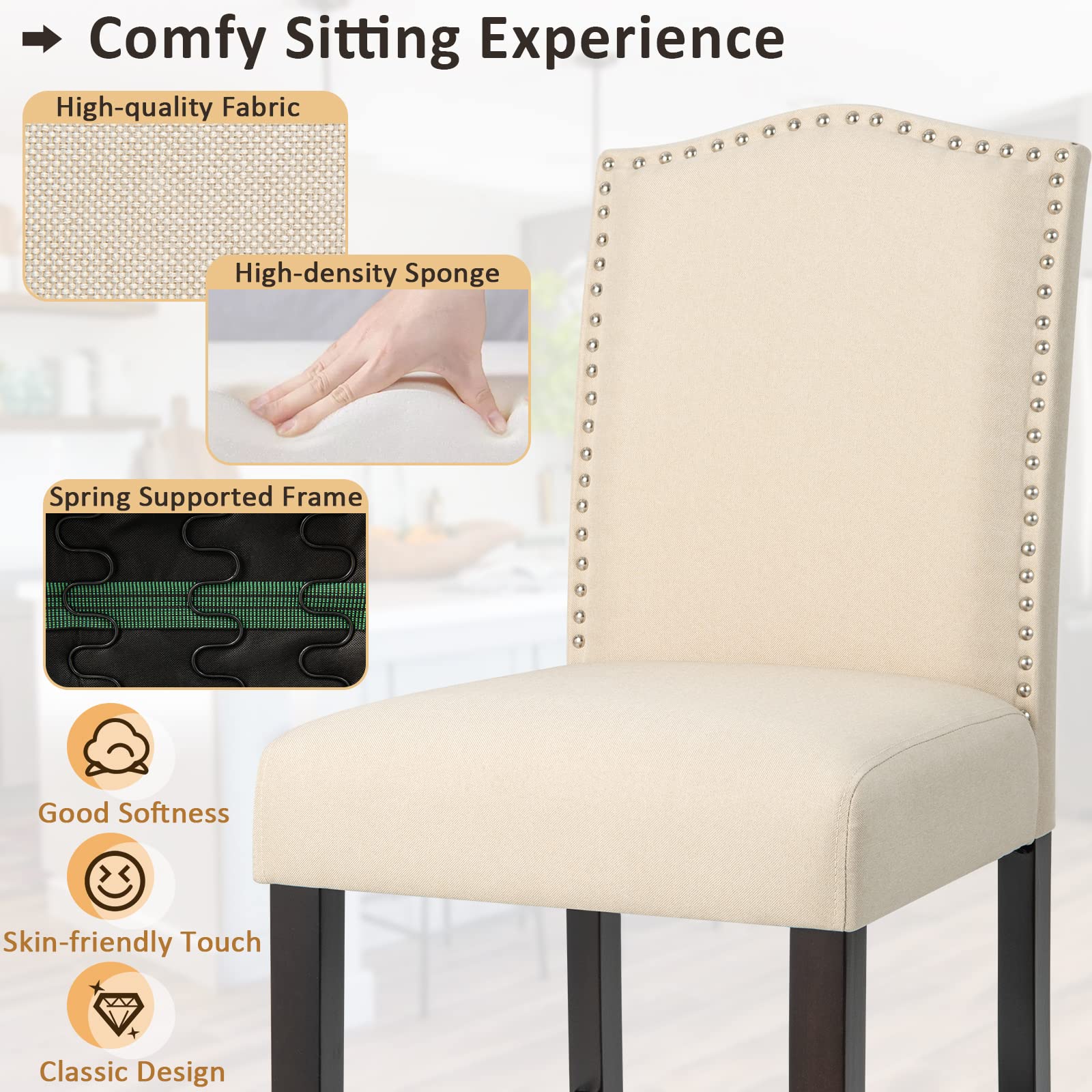 Bar Stools Set of 2/4, Counter Height Bar Dining Chairs with Rubber Wood Legs, Footrest