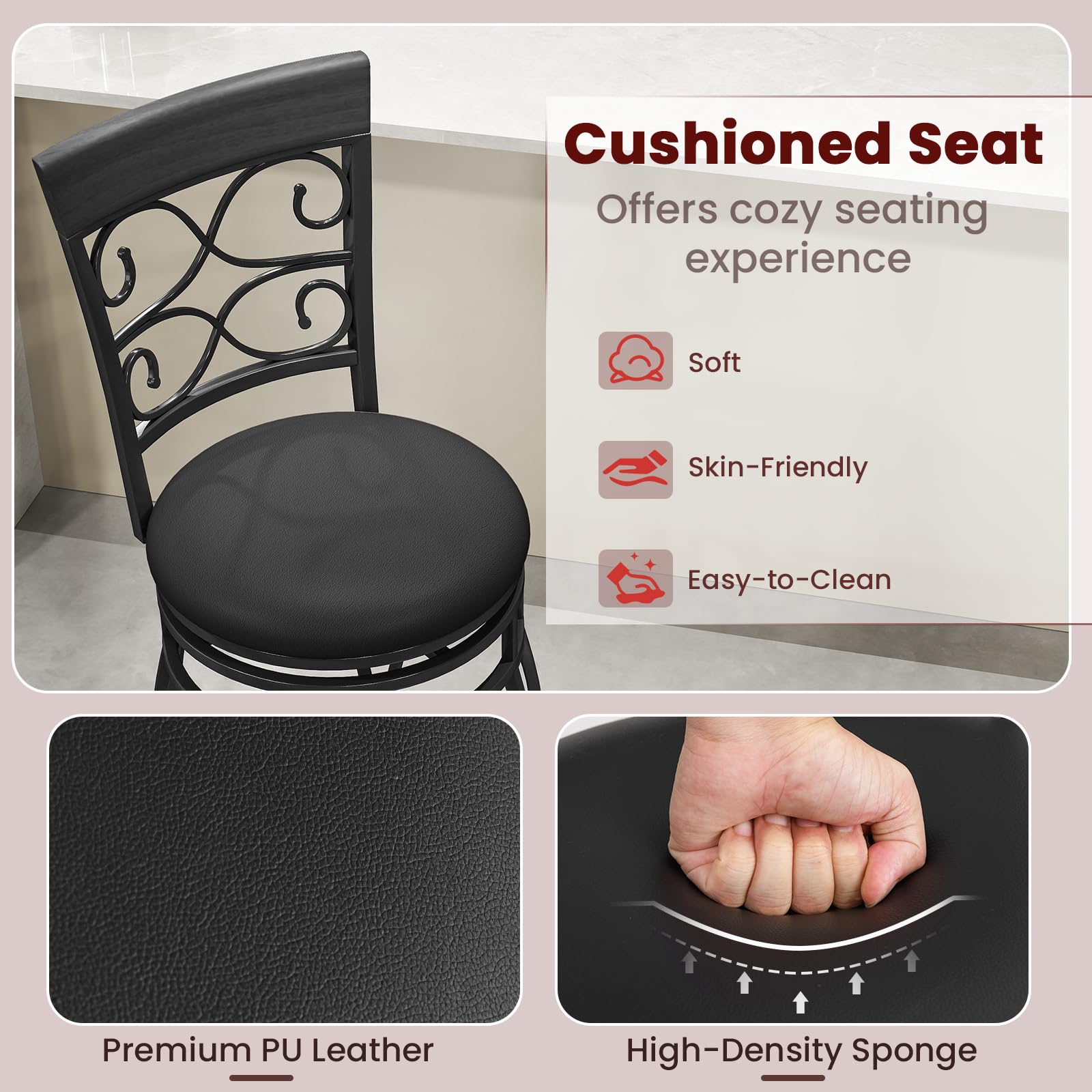Swivel Bar Stools Set of 2/4, Counter Height Bar Stools with Back, Upholstered PU Leather Seat, Footrest