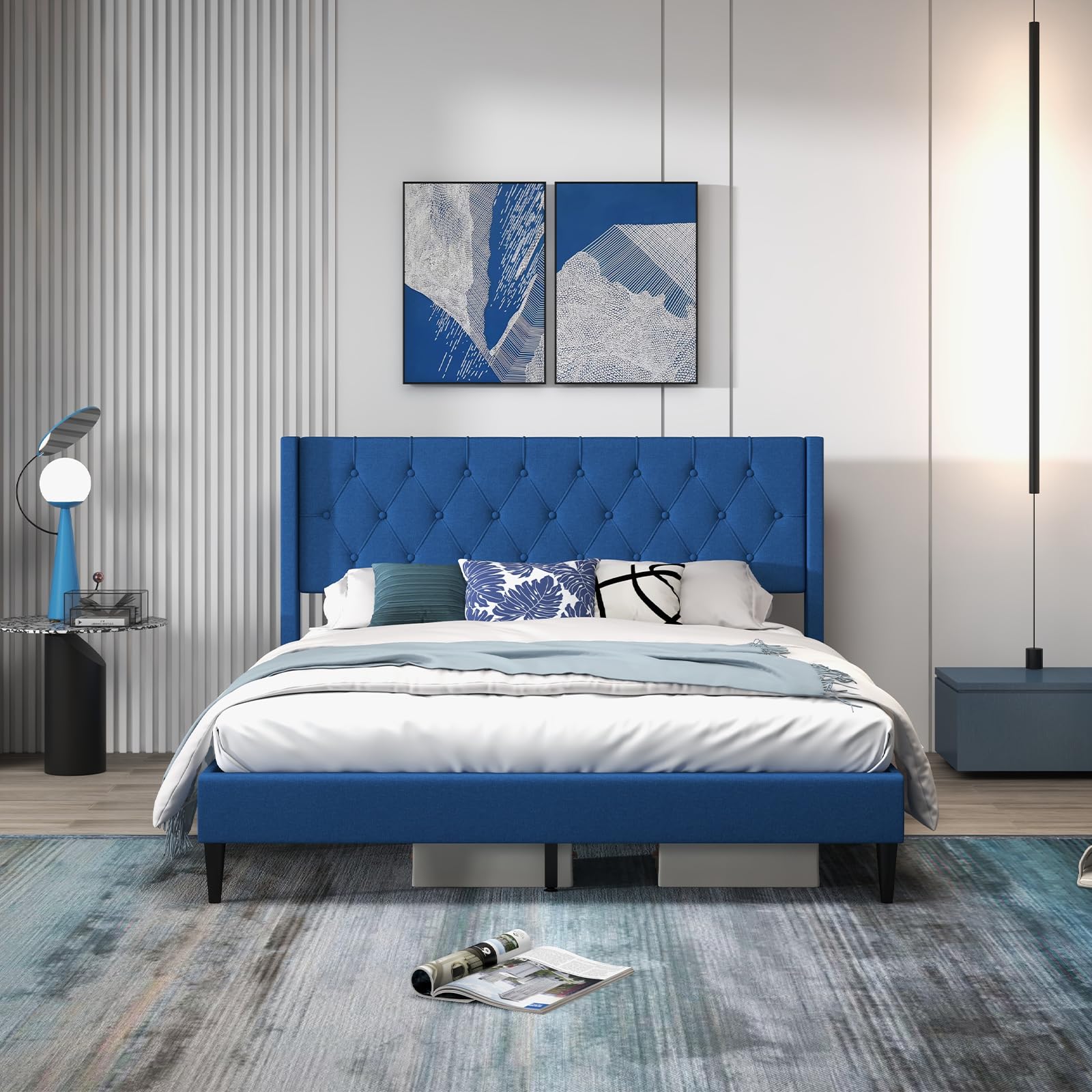 Upholstered Platform Bed with Button Tufted Wingback Headboard