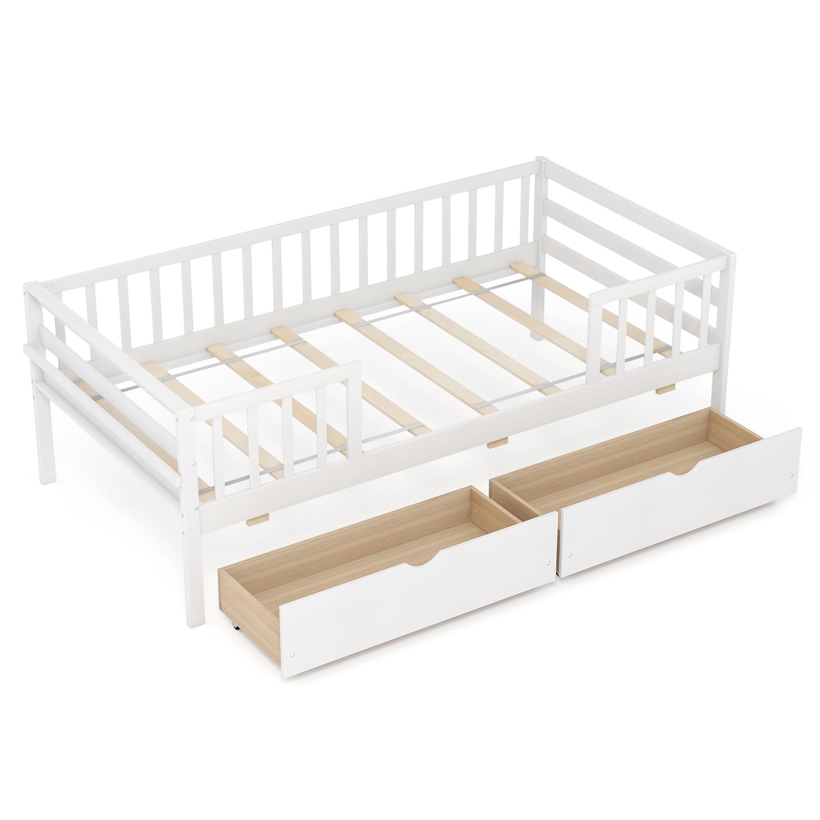 Wood Twin Bed Frame with Fence Rails & 2 Pull-Out Drawers